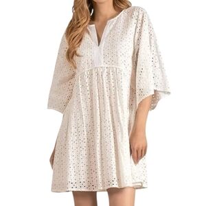 Elan White Eyelet Mini Dress V-Neck Flowy Cotton Boho Short Size Small